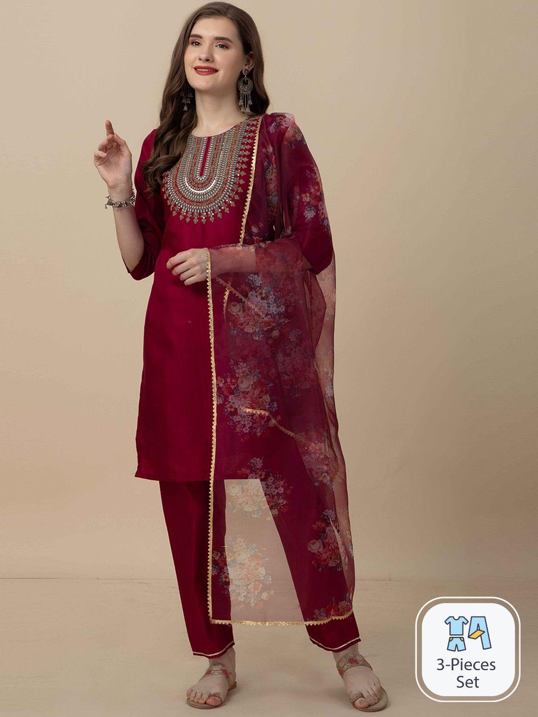 worivoc ethnic motifs embroidered thread work kurta with trousers & dupatta