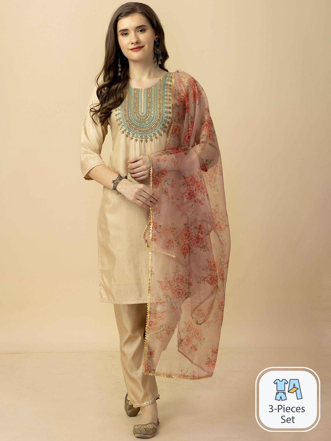 worivoc ethnic motifs embroidered kurta with trousers & dupatta