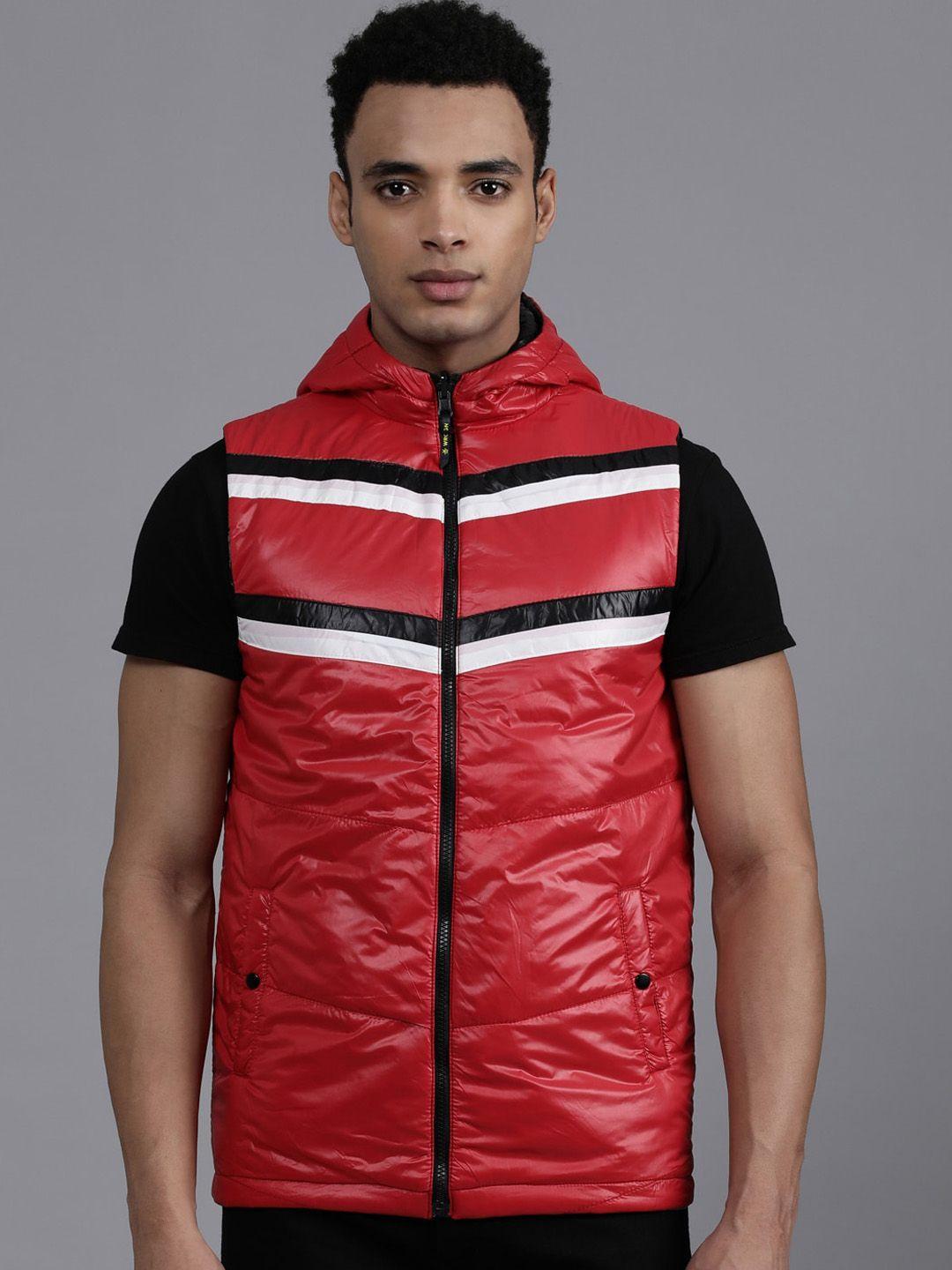 wrogn striped hooded sleeveless padded jacket