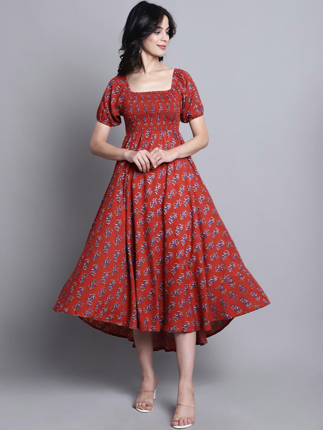 kalini ethnic motifs printed smocked fit and flare midi dress