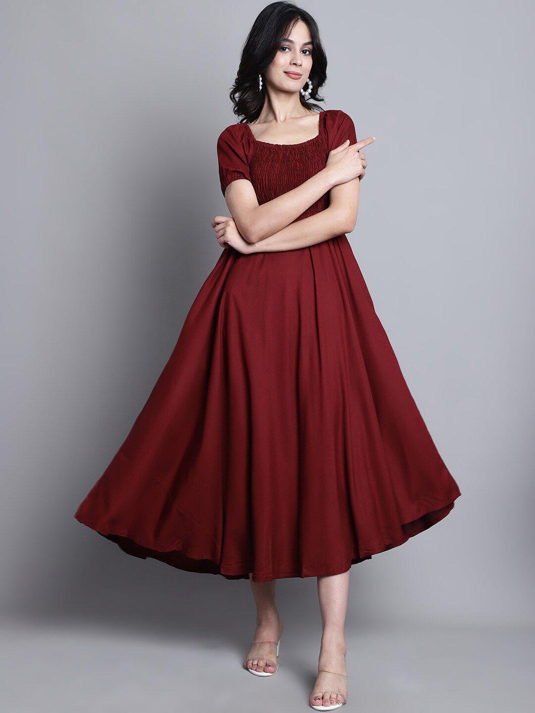 baesd square neck puff sleeves smocked fit & flare midi dress