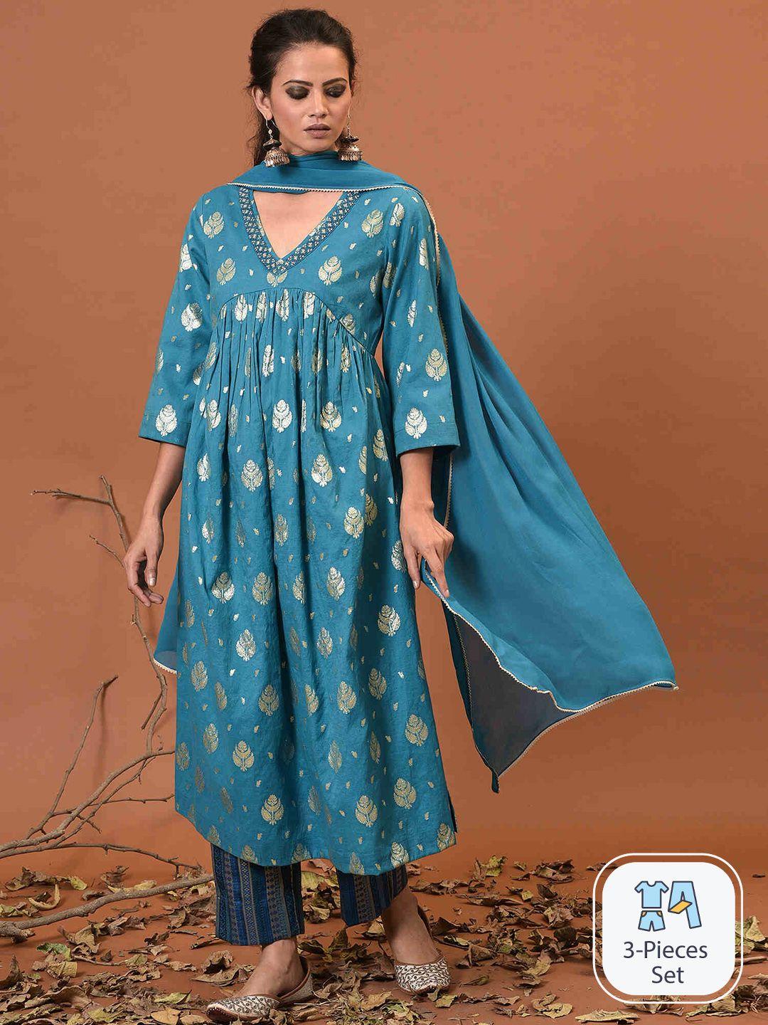 nuhh ethnic motifs printed empire kurta with trousers & dupatta