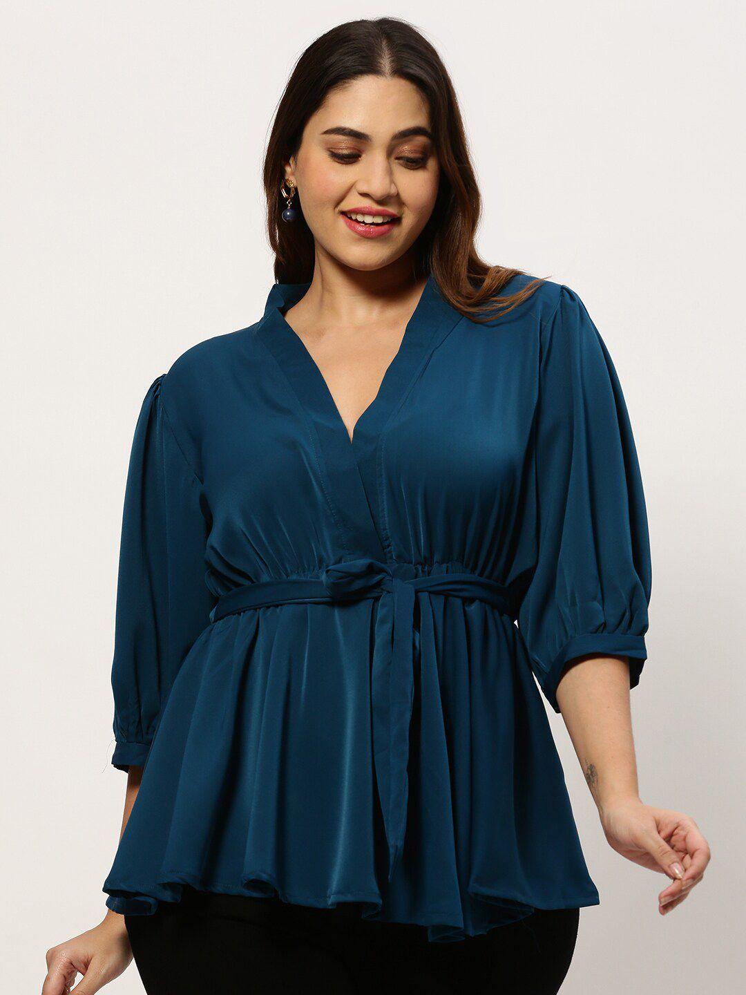 showoff plus plus size puff sleeves chiffon cinched waist top