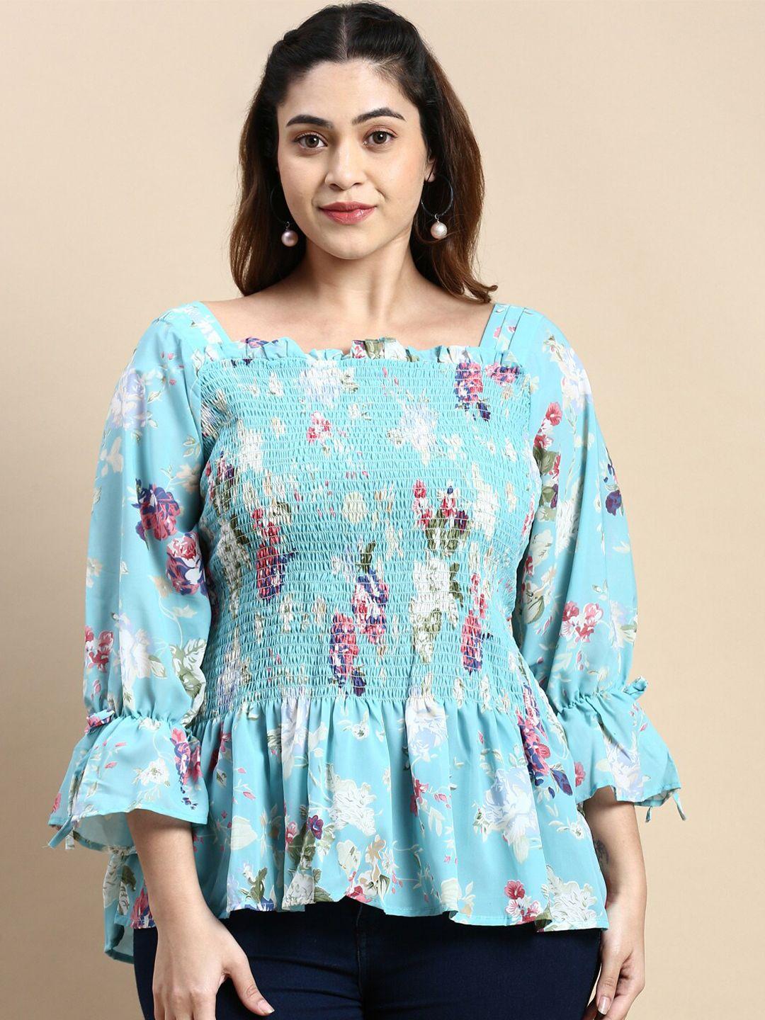 showoff plus size floral print smocked peplum top