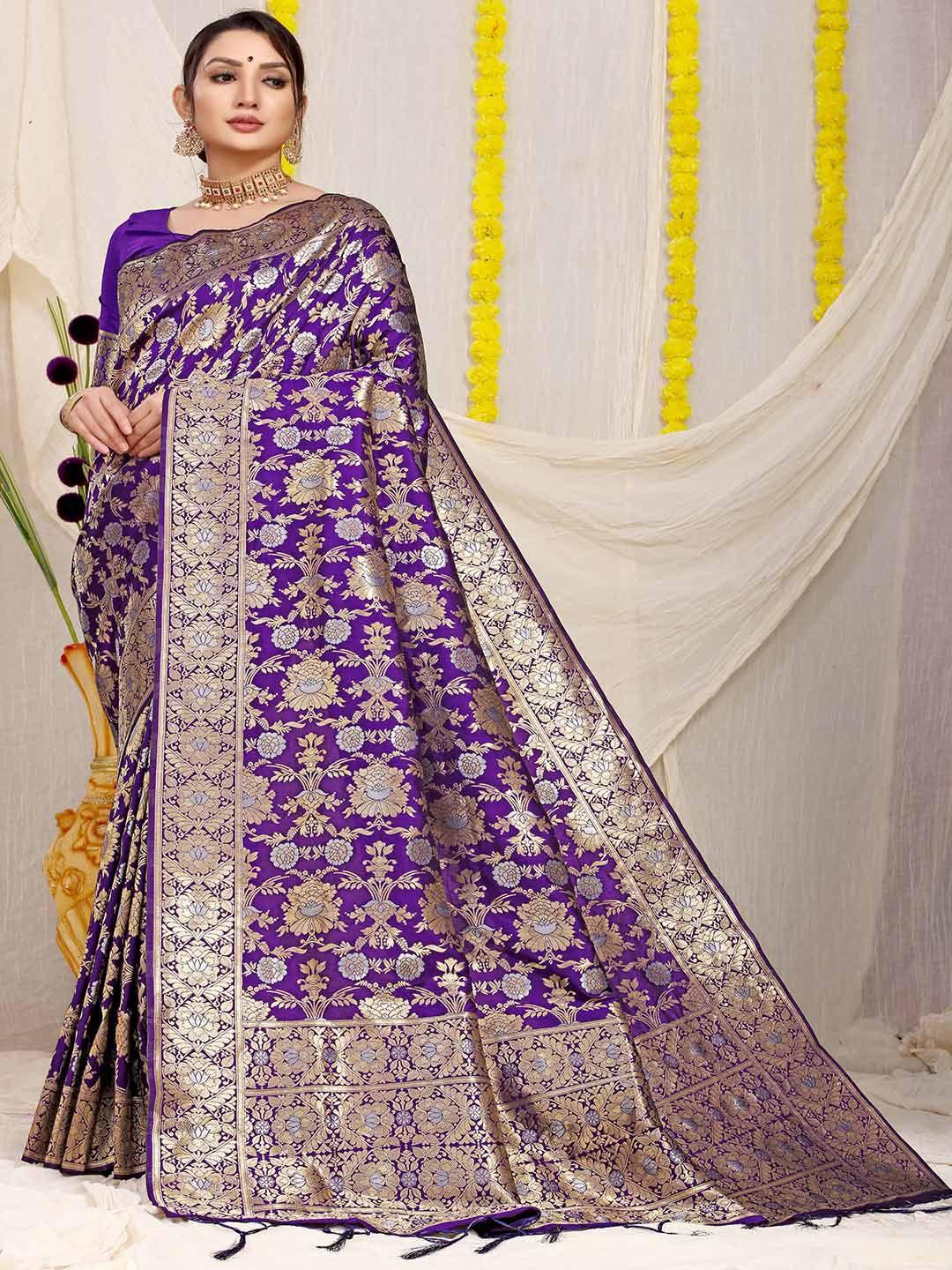 mitera violet & gold-toned ethnic motifs woven design zari saree