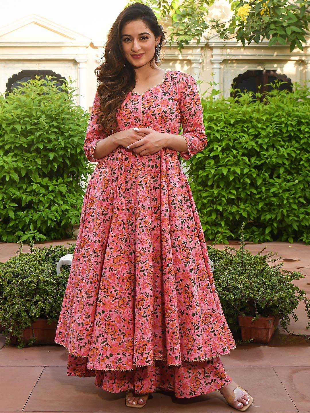 arayna floral printed gotta patti anarkali pure cotton kurta with palazzos