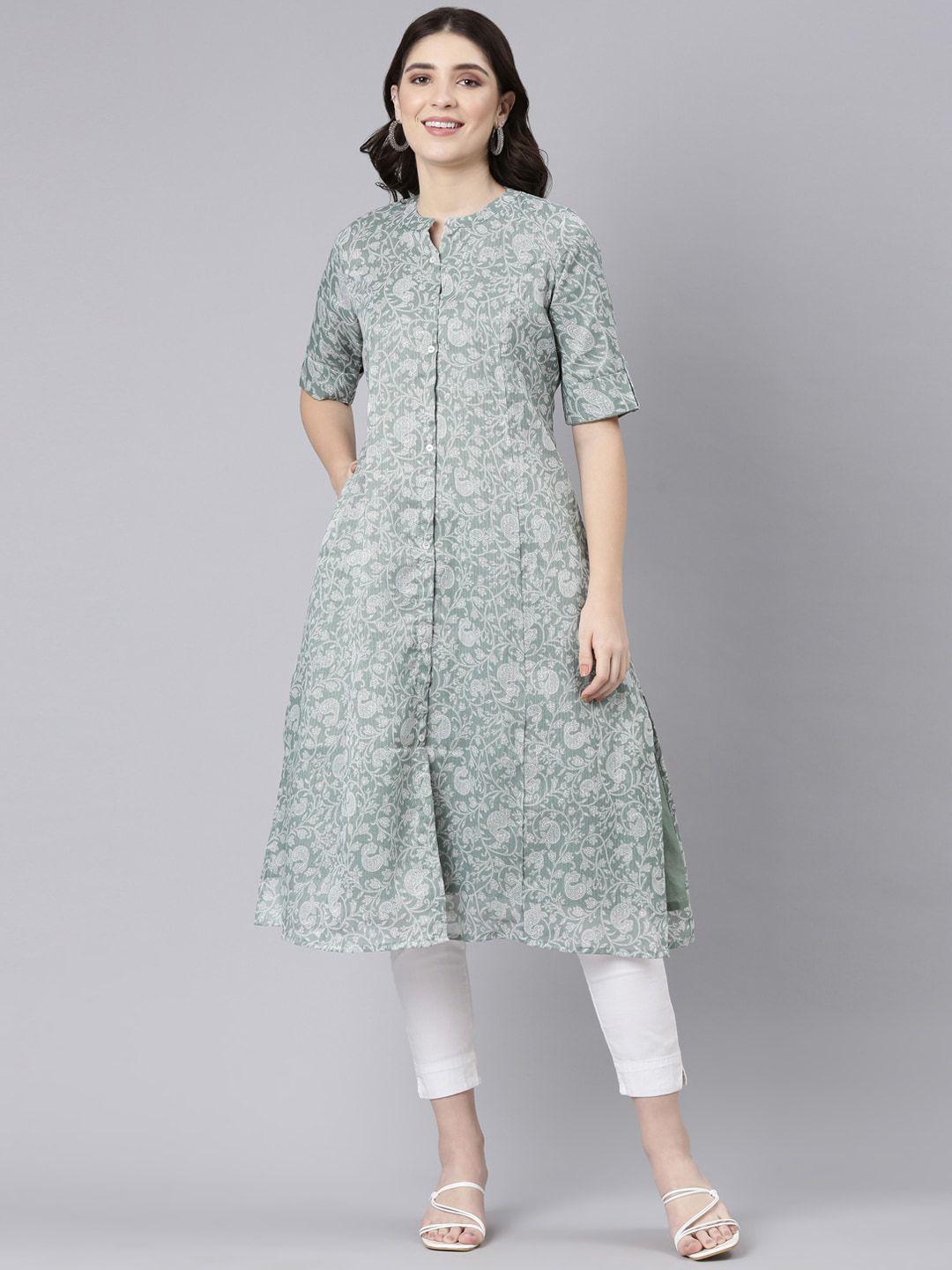 flavido ethnic motifs printed mandarin collar silk a-line kurta