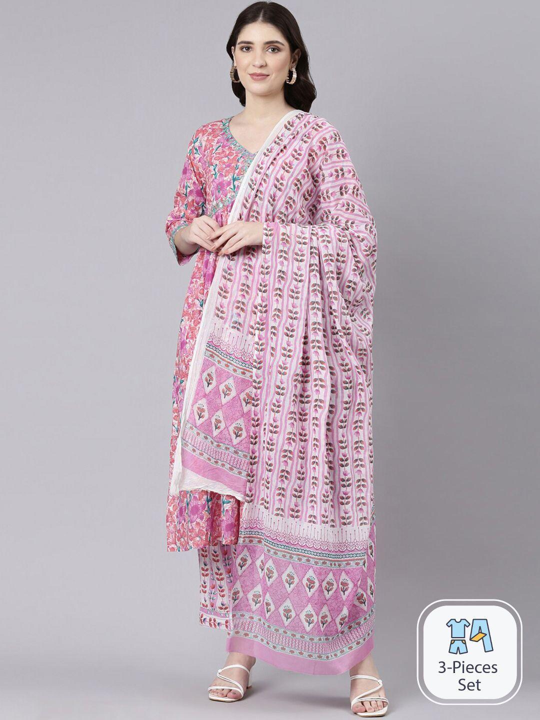 flavido floral printed regular pure cotton kurta with trousers & dupatta