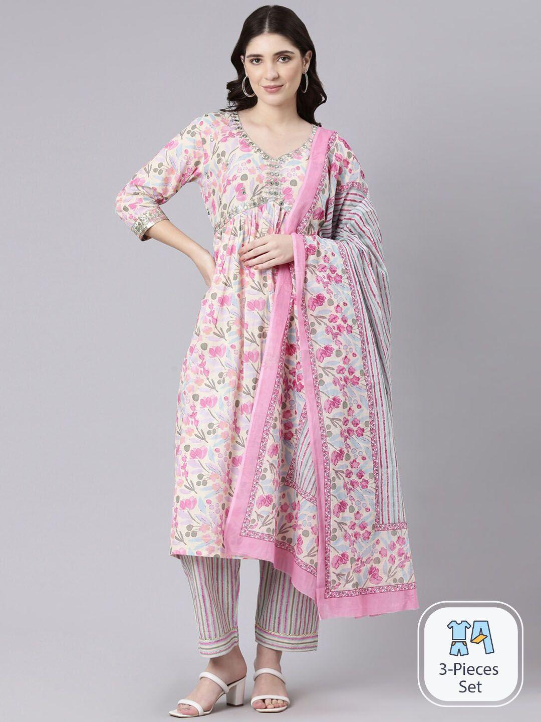 flavido floral printed regular pure cotton kurta with trousers & dupatta