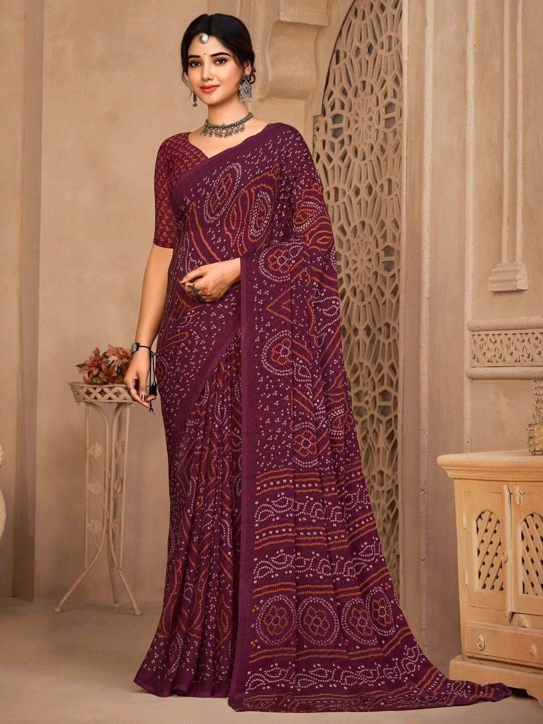 anouk purple & orange bandhani printed pure chiffon bandhani saree