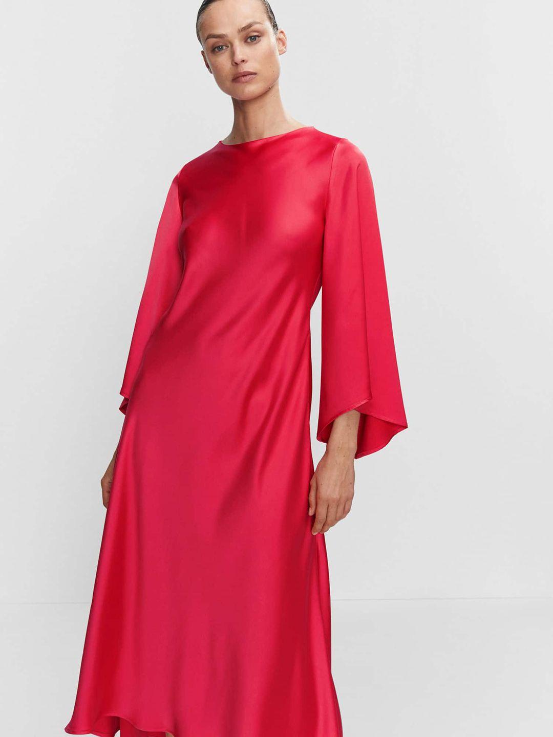 mango satin finish flared sleeves a-line midi dress