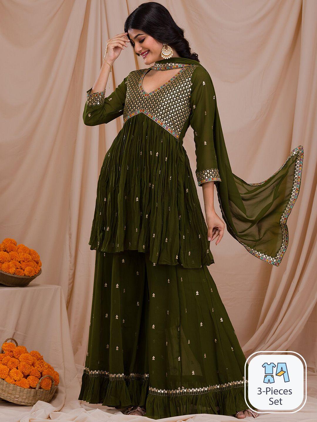 koskii ethnic motifs embroidered sequinned empire a-line kurti & sharara with dupatta