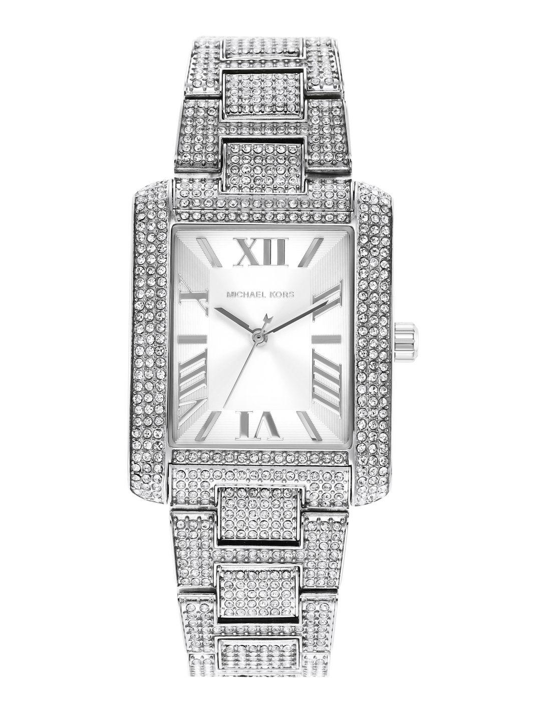 michael kors women embellished emery bracelet style analogue watch mk4648-silver