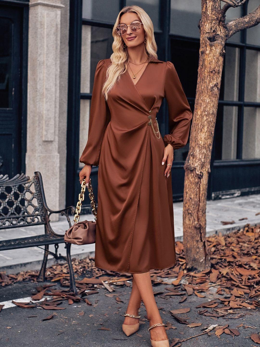 stylecast brown v-neck puff sleeves gathered wrap midi dress