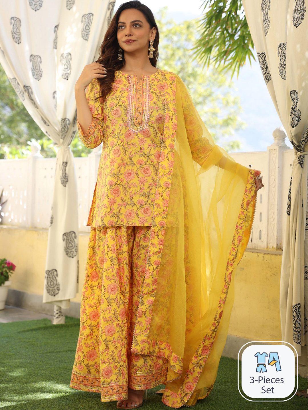 rangeelo floral printed gotta patti kurti with sharara & dupatta