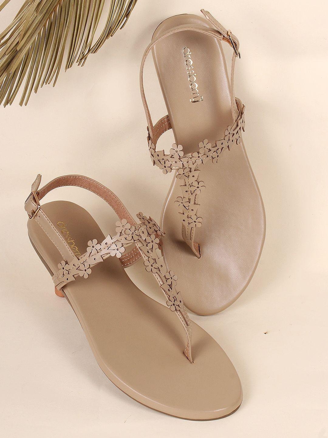 dressberry taupe floral embellished t-strap flats