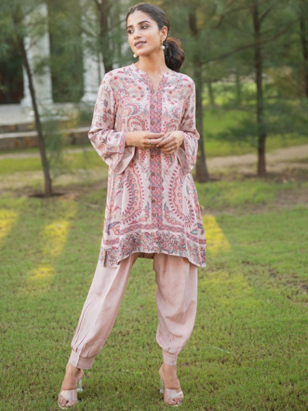 inching india ethnic motifs printed mandarin collar crepe tunic & trousers