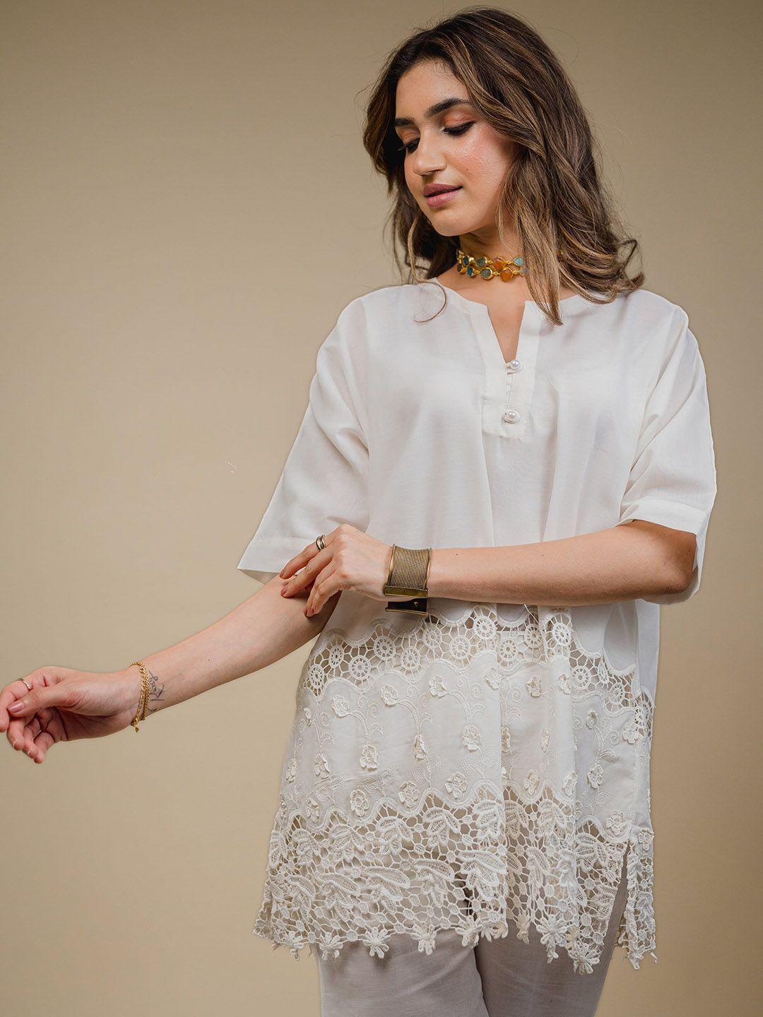 inching india round neck short sleeve lace-panelled co-ords