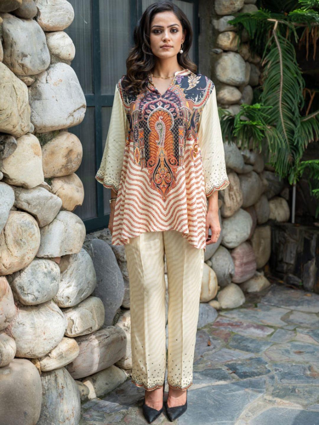 inching india ethnic motifs printed scalloped top & trousers co-ords