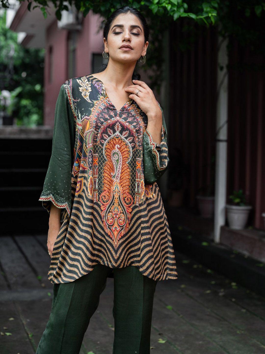 inching india ethnic motifs printed scalloped top & trousers co-ords