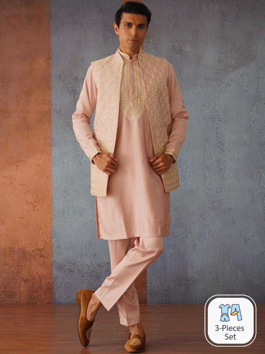 kalpraag floral yoke design thread work straight kurta & trouser with nehru jacket