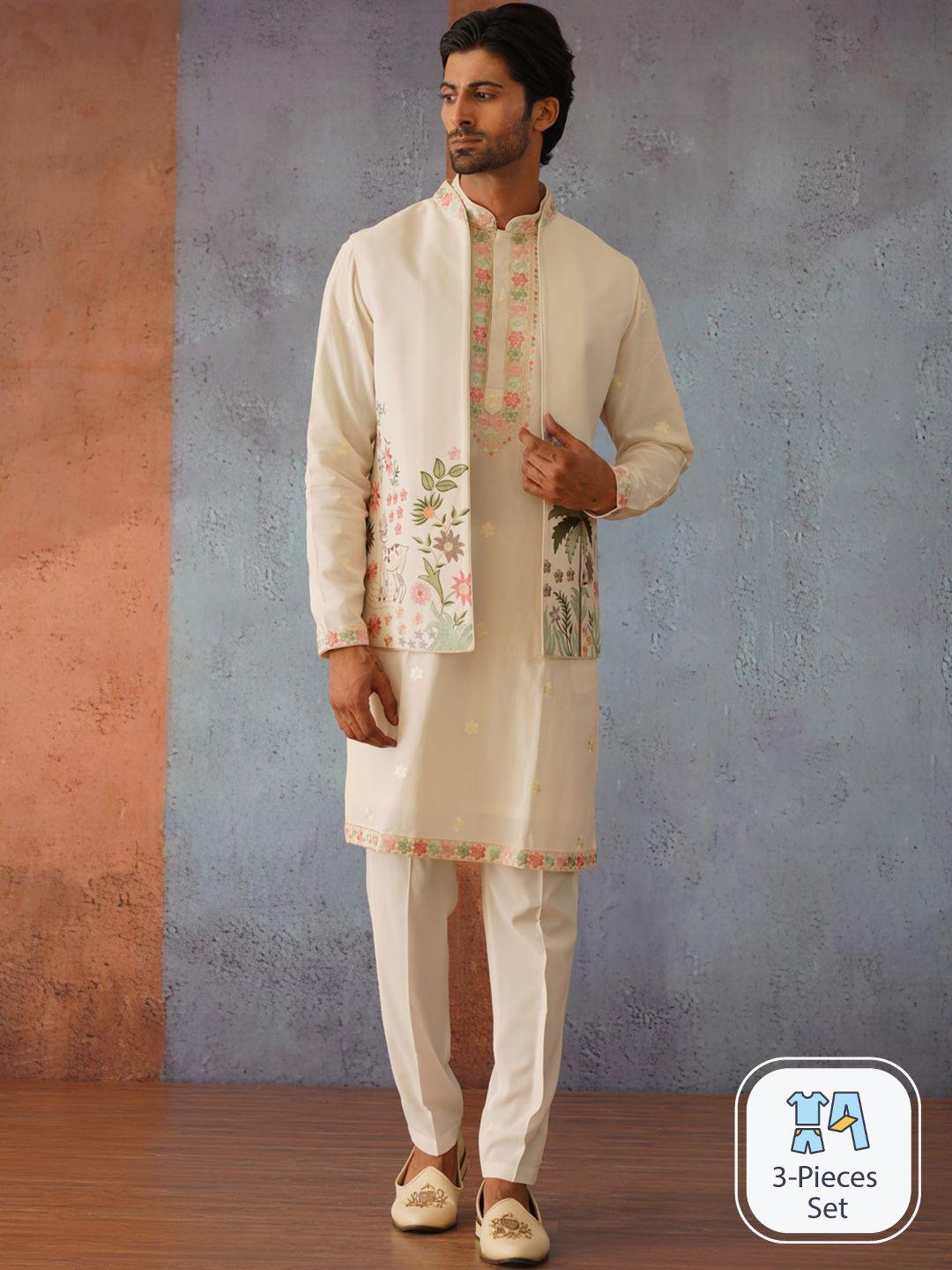 kalpraag floral yoke design thread work kurta with trousers & jacket