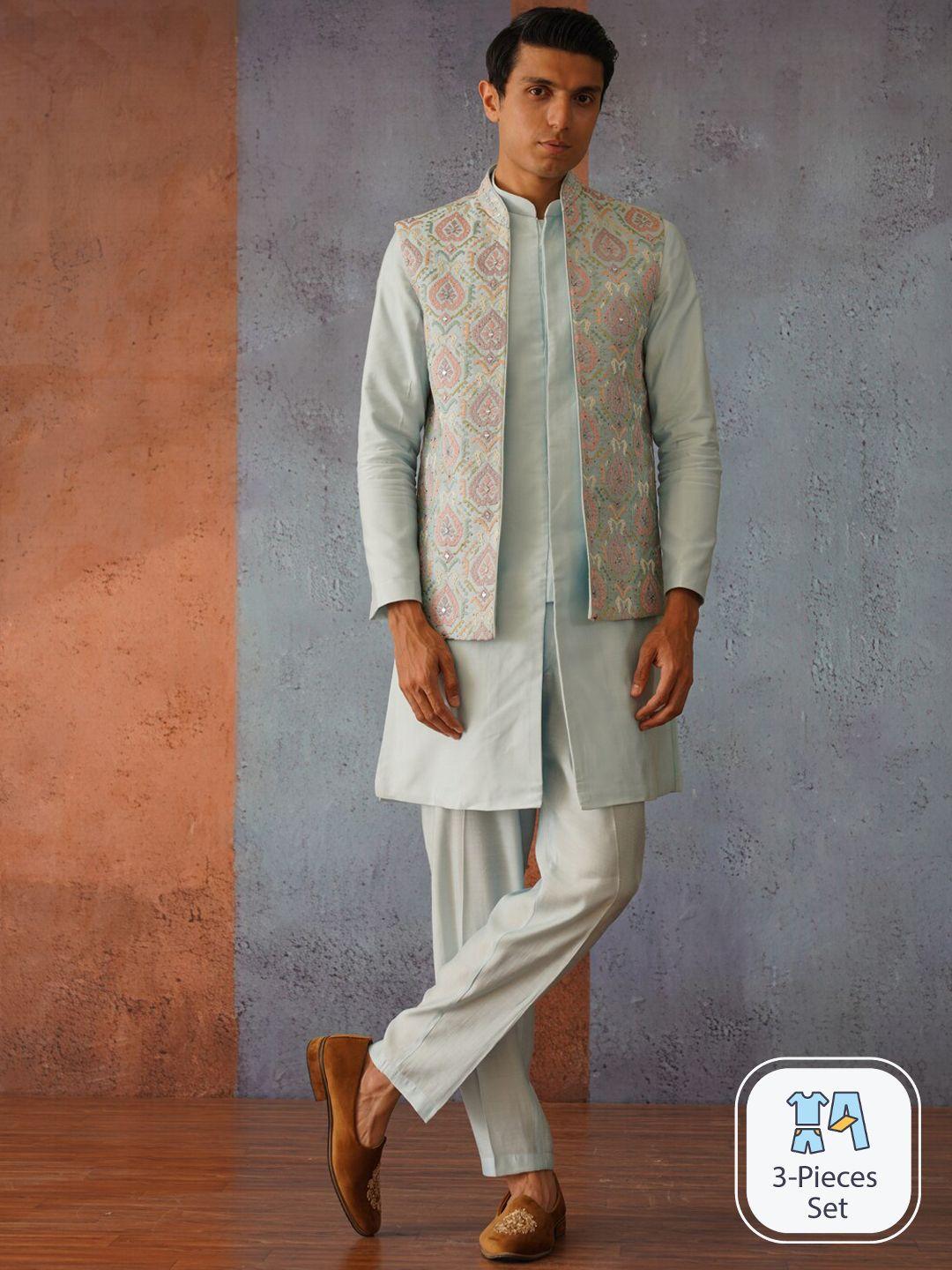 kalpraag mandarin collar mirror work kurta with trousers & nehru jacket