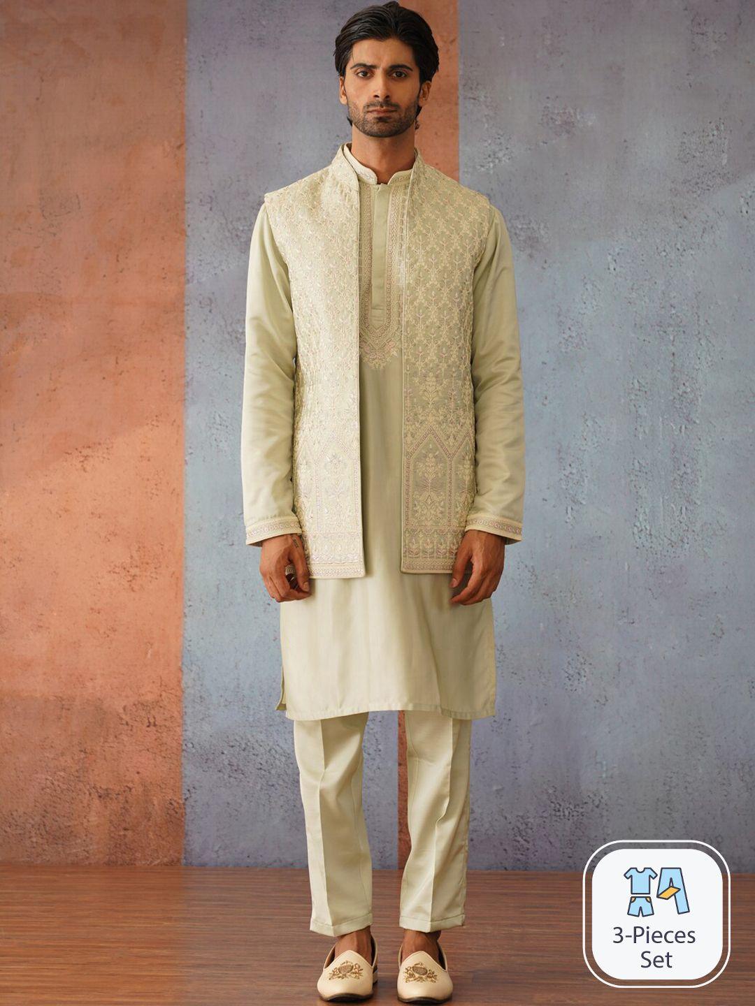 kalpraag mandarin collar thread work detailed straight kurta & trousers with nehru jacket