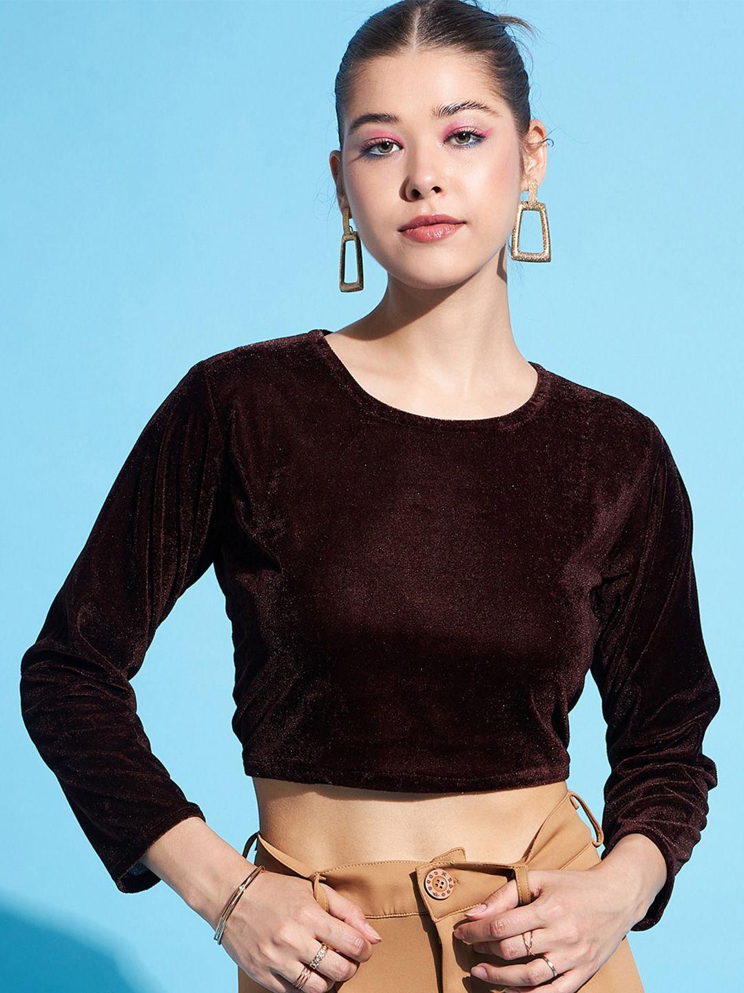 dressberry brown round neck smocked velvet crop top