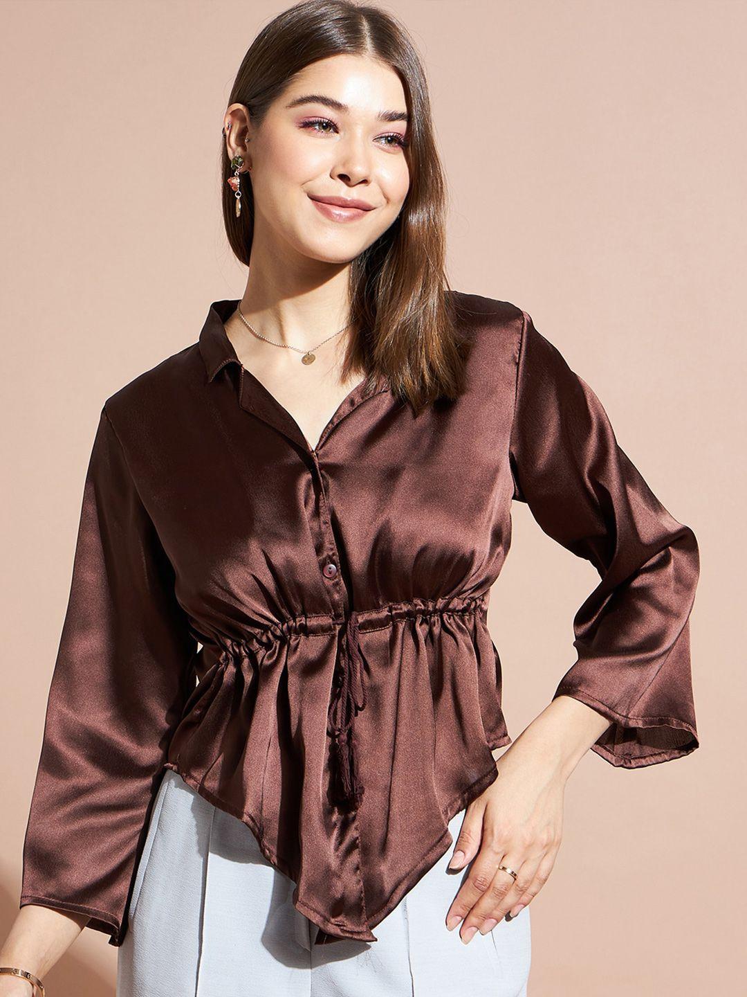 dressberry brown shirt collar flared sleeve cinched waist top