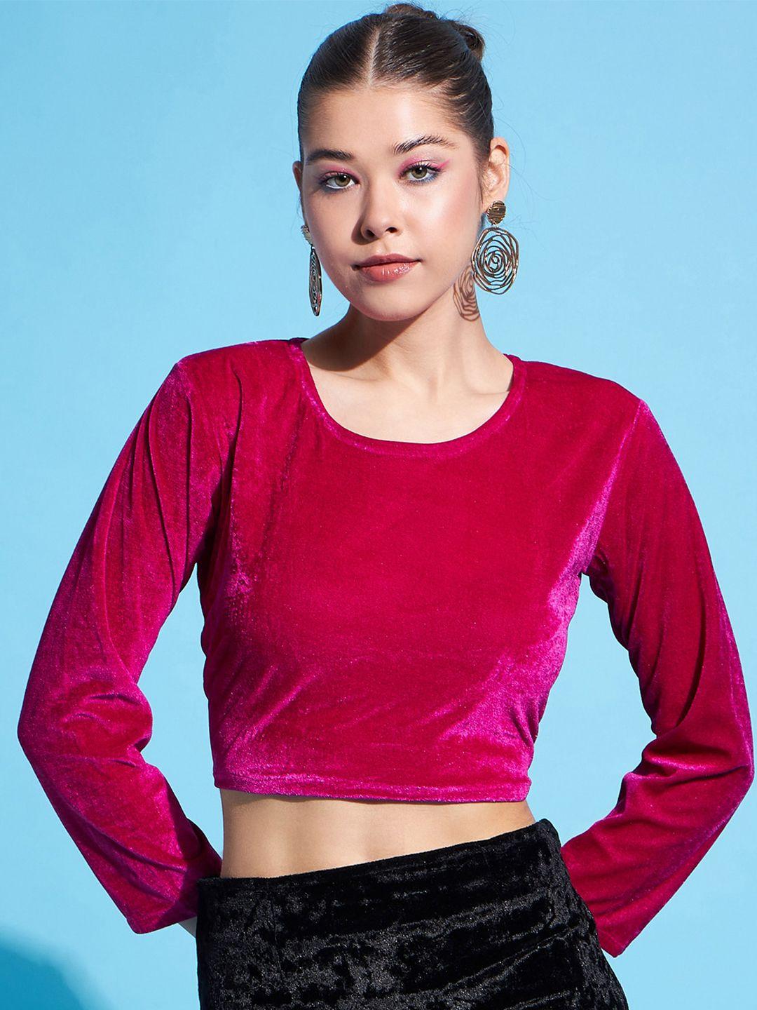 dressberry fuchsia round neck smocked velvet crop top