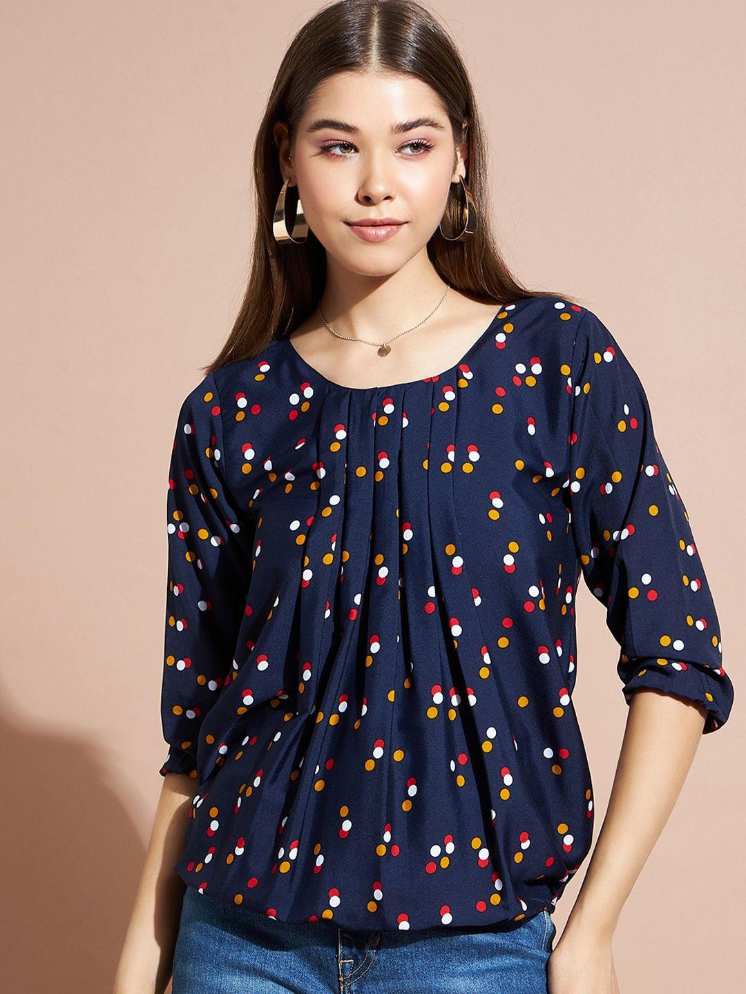 dressberry navy blue polka dots printed puff sleeves top