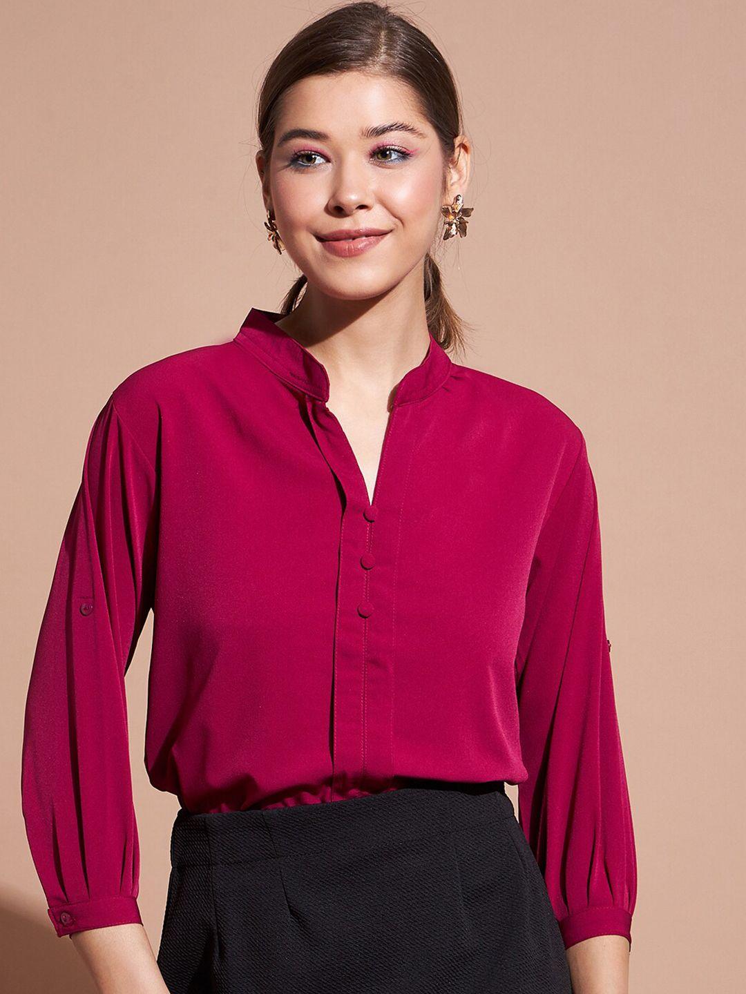 dressberry magenta mandarin collar cuffed sleeves shirt style top