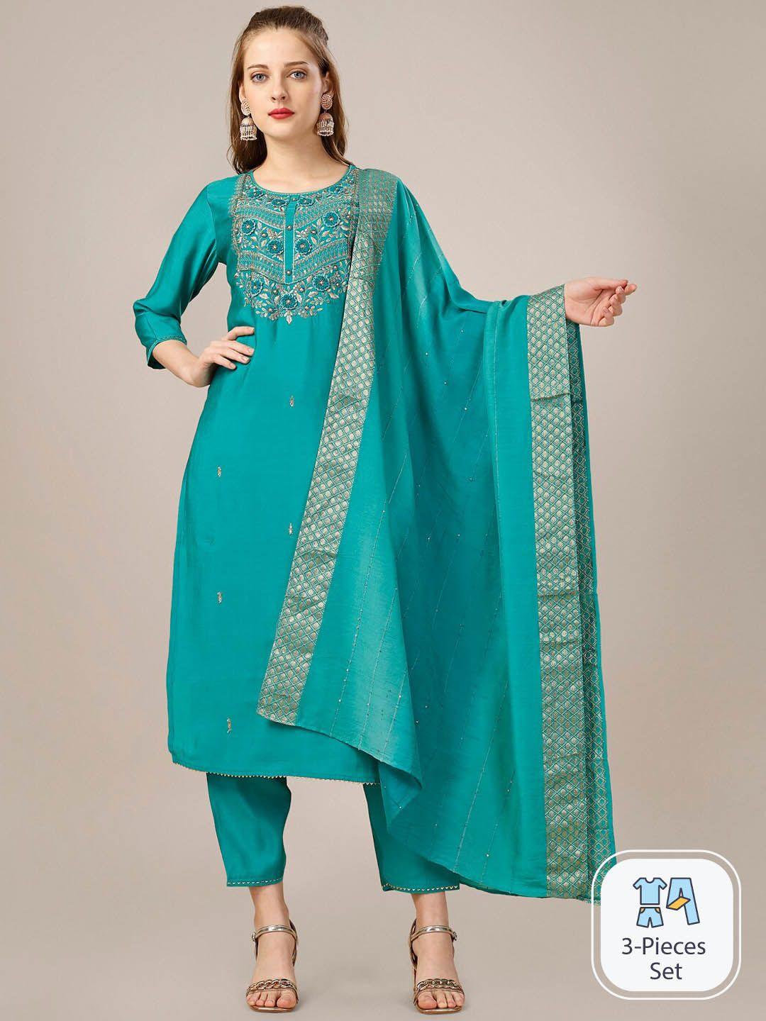 berrylicious floral embroidered chanderi cotton kurta with trousers & dupatta