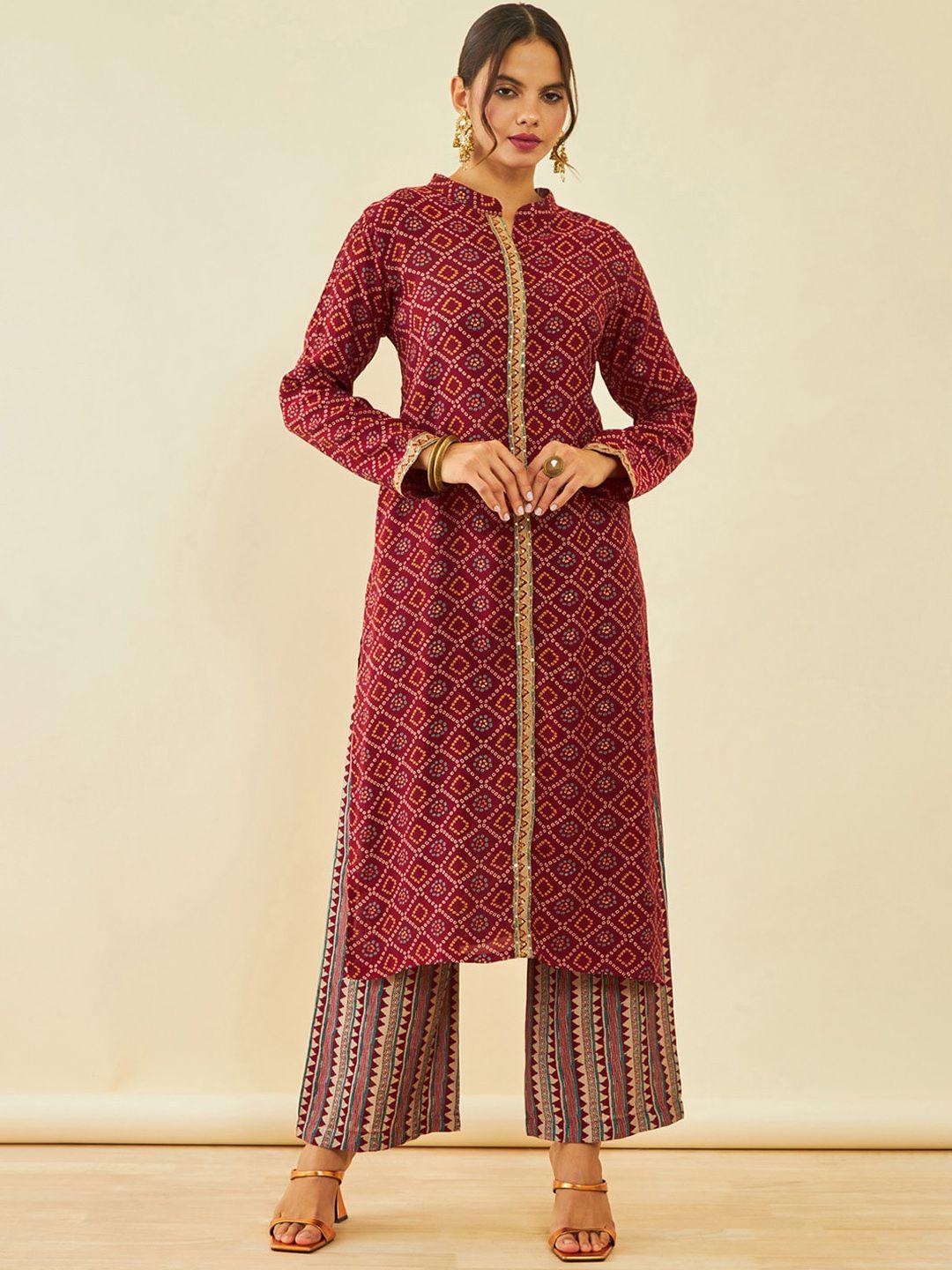 soch bandhani printed sequinned band collar kurta with palazzos