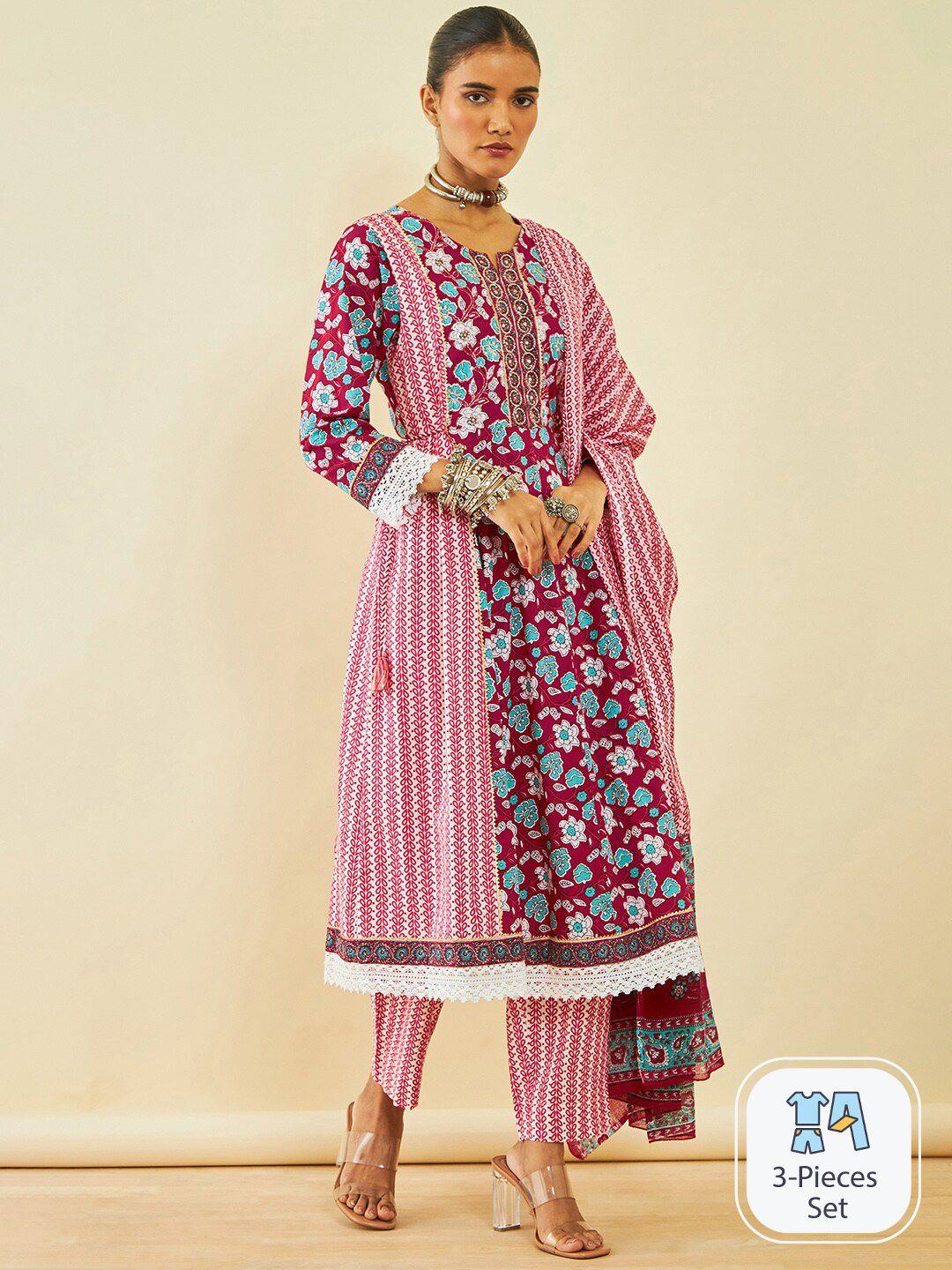 soch floral printed pure cotton anarkali kurta with trousers & dupatta