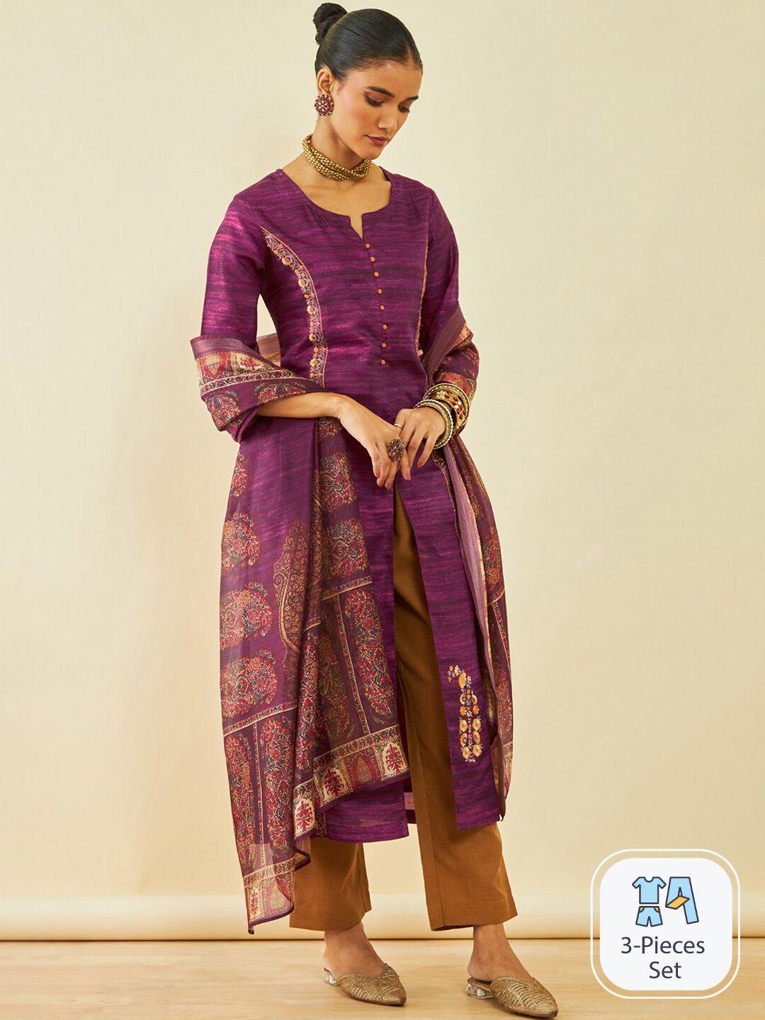 soch floral printed regular thread work kurta with trousers & dupatta