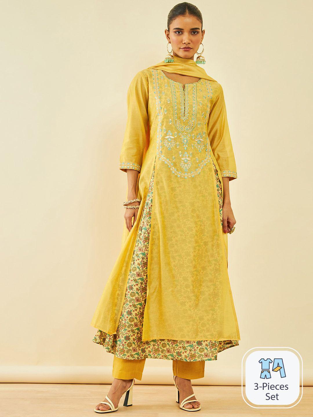 soch floral yoke design layered thread work kurta with trousers & dupatta