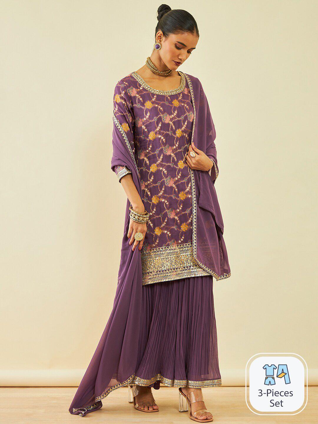 soch floral embroidered sequinned kurta with sharara & dupatta