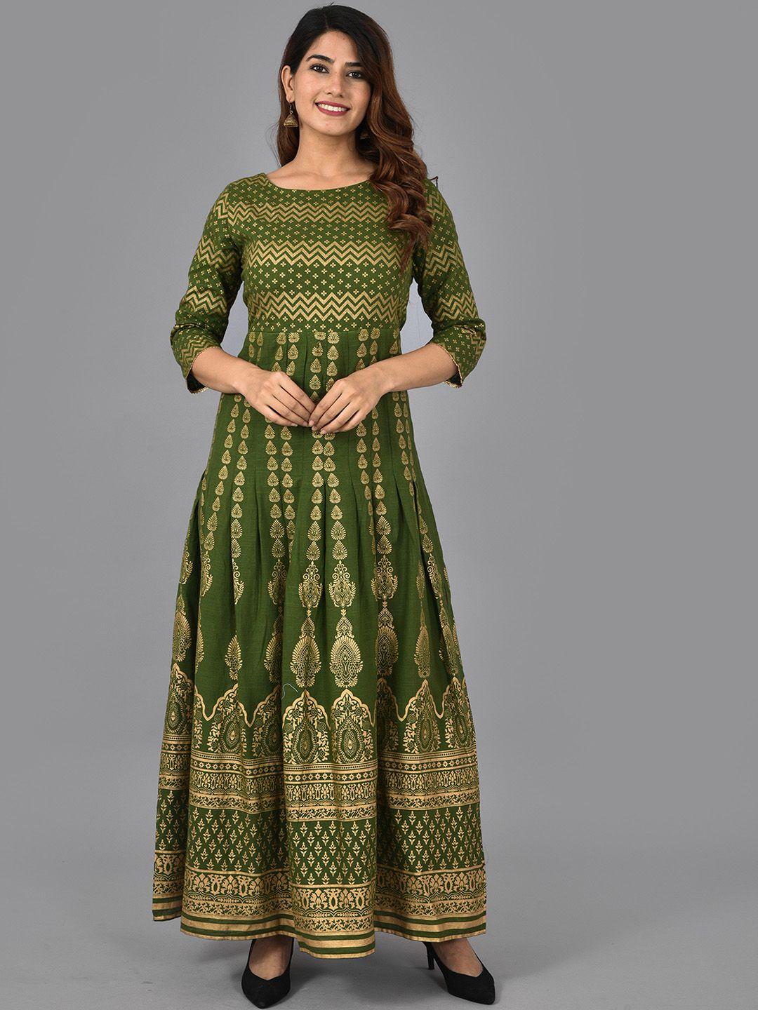 aayumi ethnic motifs printed round neck gathered fit & flare ethnic dress