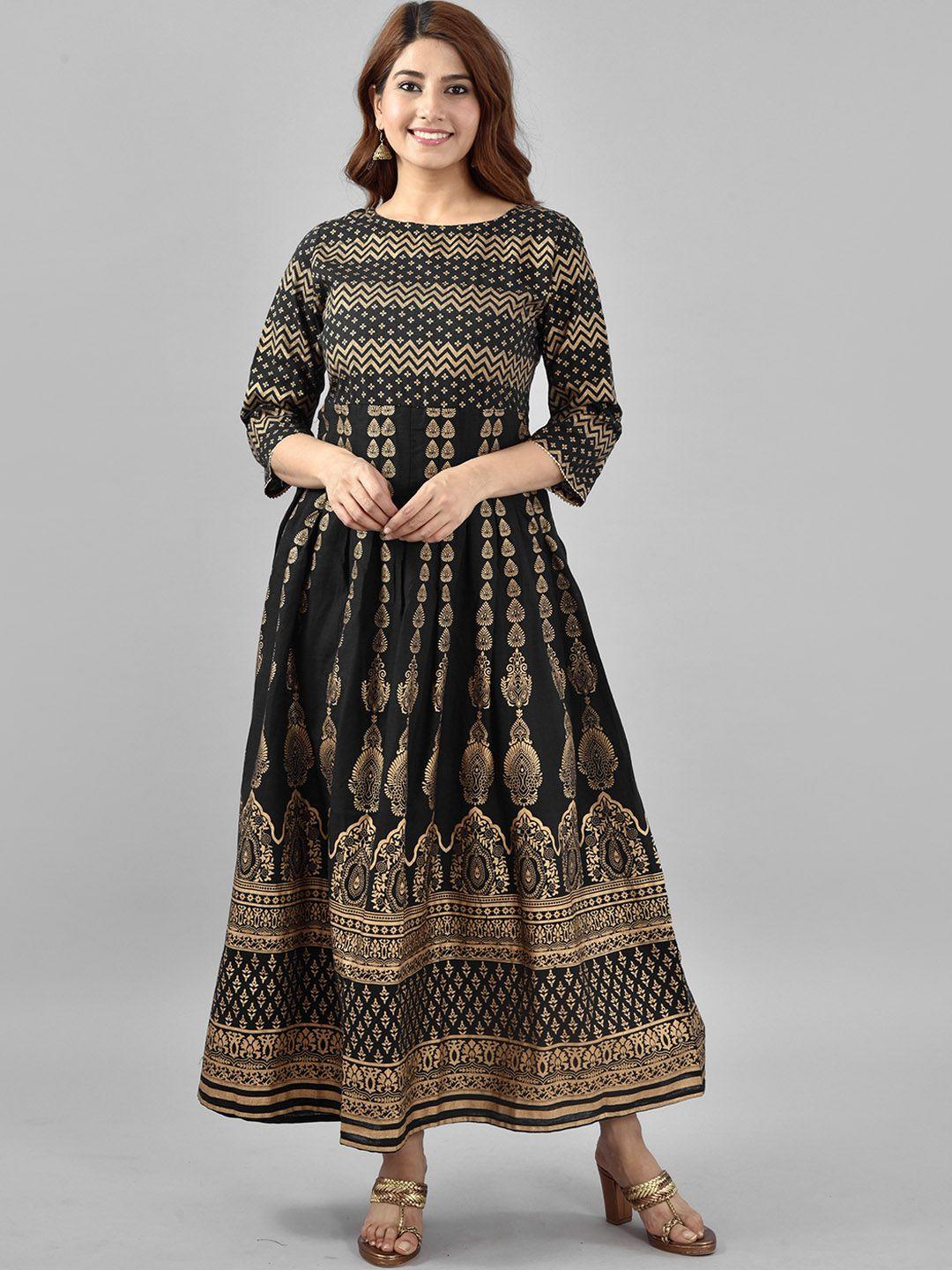 aayumi ethnic motifs printed round neck gathered fit & flare ethnic dress