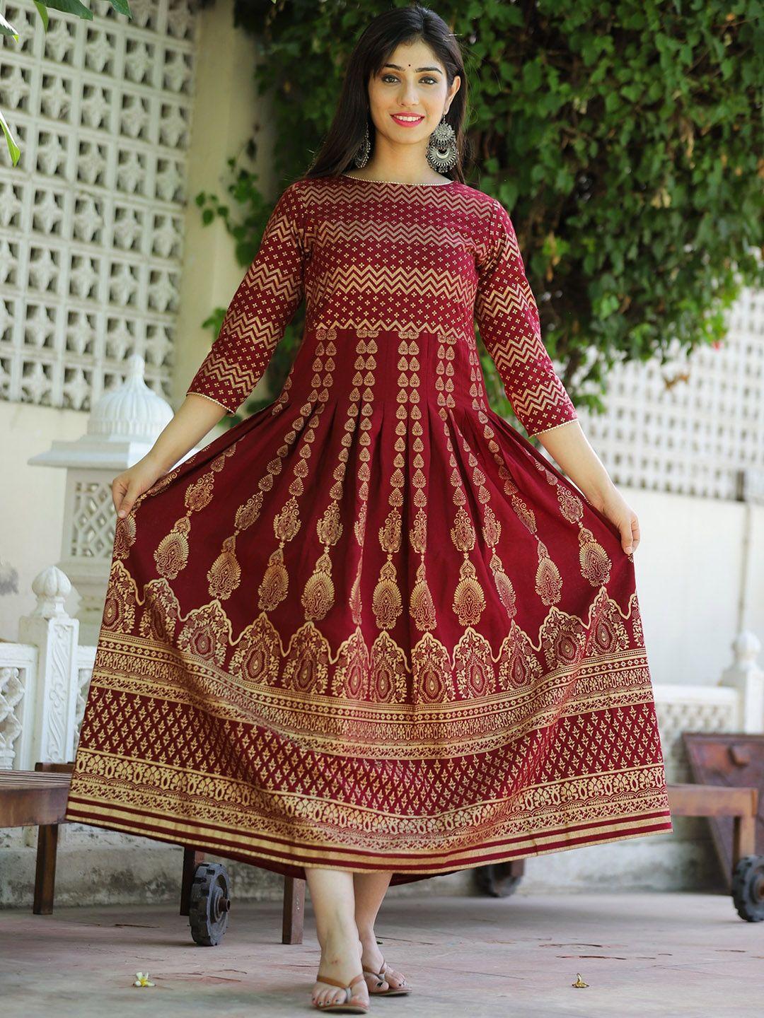 aayumi ethnic motifs printed round neck gathered fit & flare ethnic dress