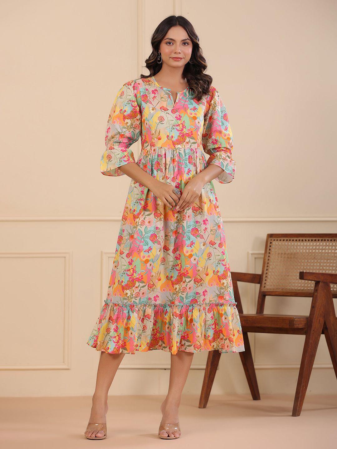 rain & rainbow floral printed puff sleeves pure cotton a-line midi dress