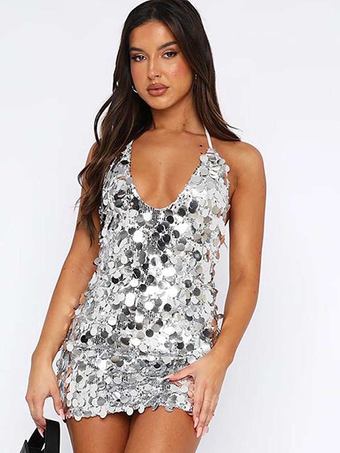 lulu & sky embellished halter neck sequinned bodycon mini dress