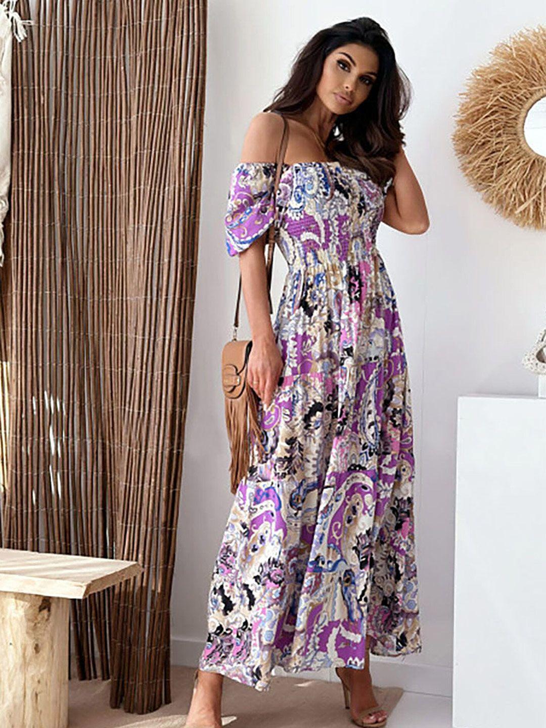 lulu & sky floral printed off-shoulder smocked puff sleeve maxi dress