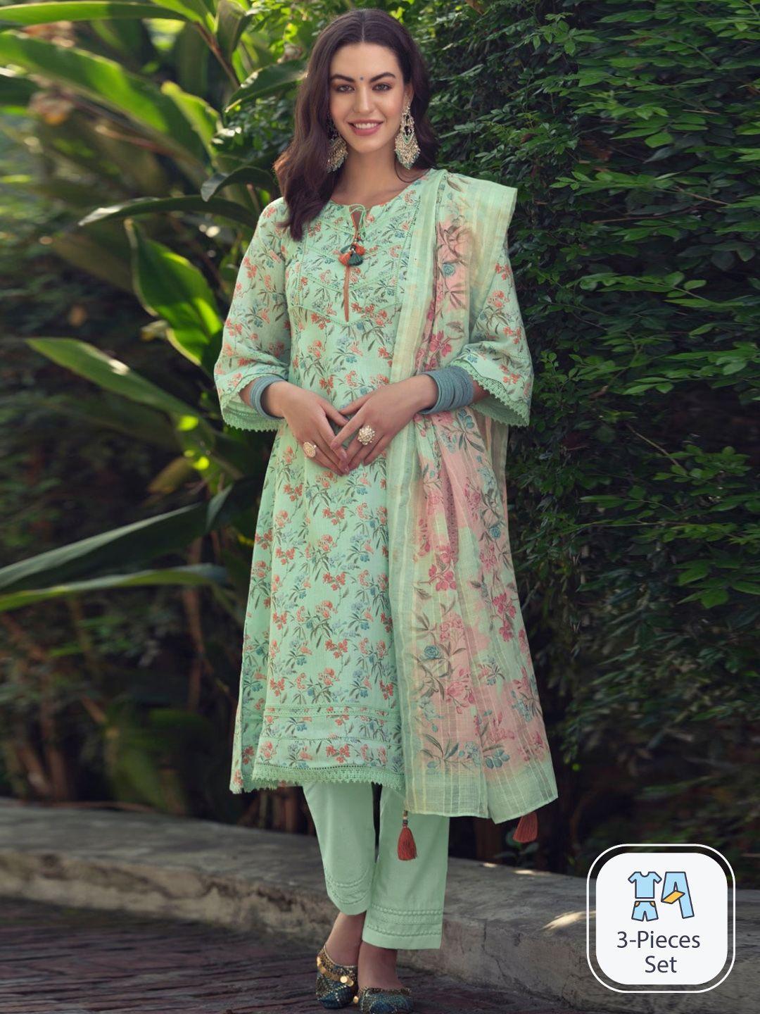 autumn lane floral printed beads and stones pure cotton kurta with trousers & dupatta