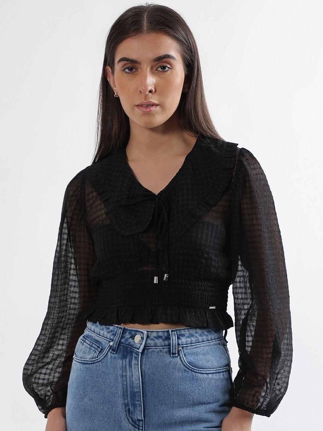 elle self design above the keyboard collar puff sleeve tie-up crop top