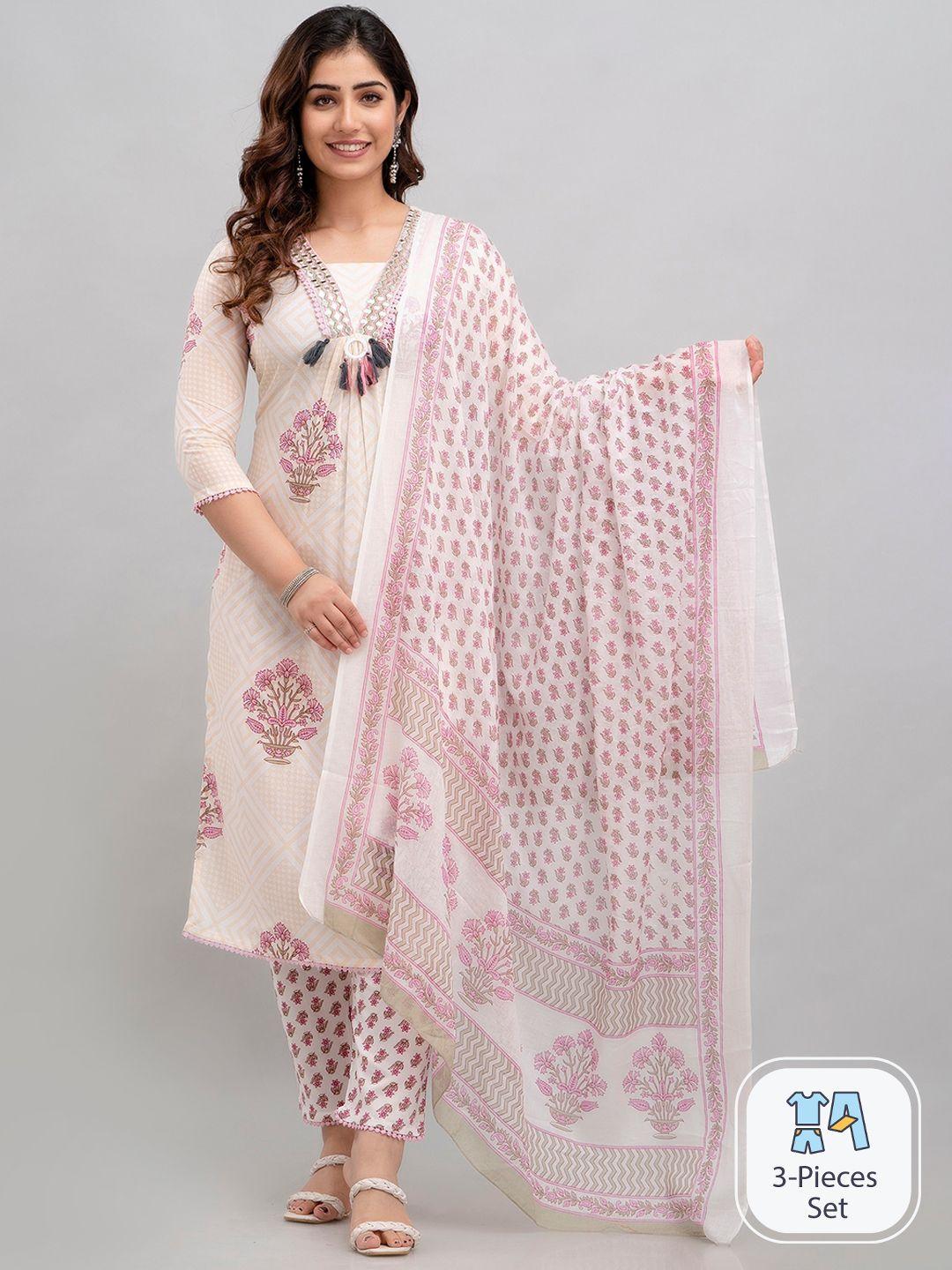 charu floral printed mirror work regular kurta with trousers & with dupatta