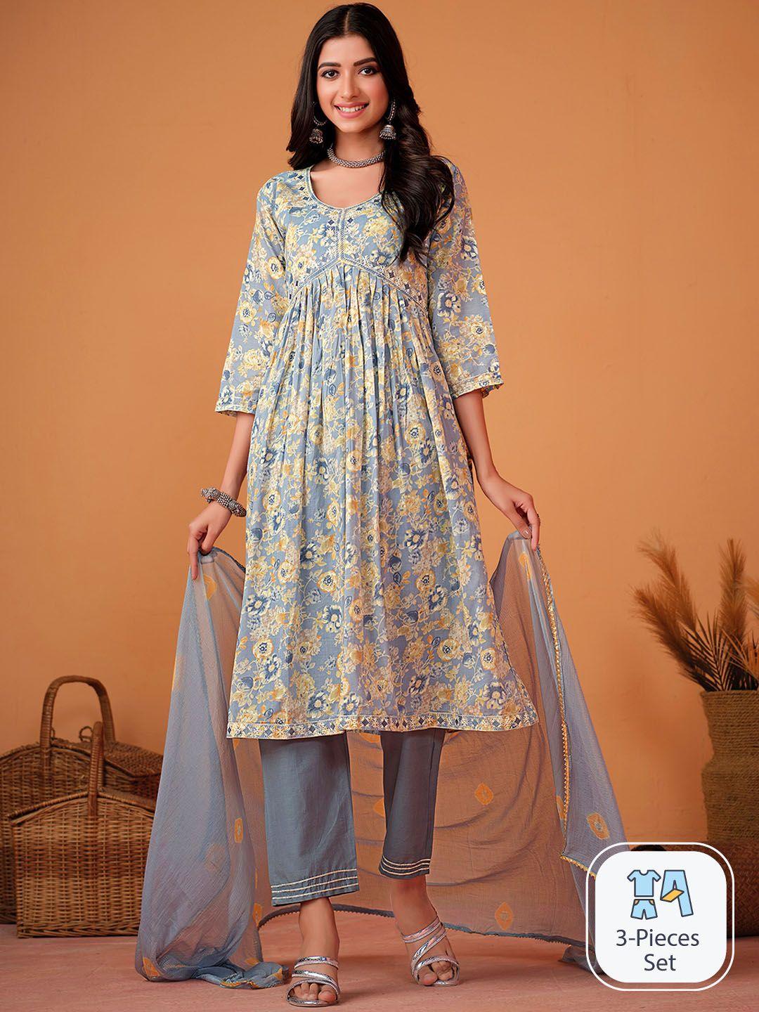 sangria floral printed pure cotton a-line kurta with trouser & dupatta