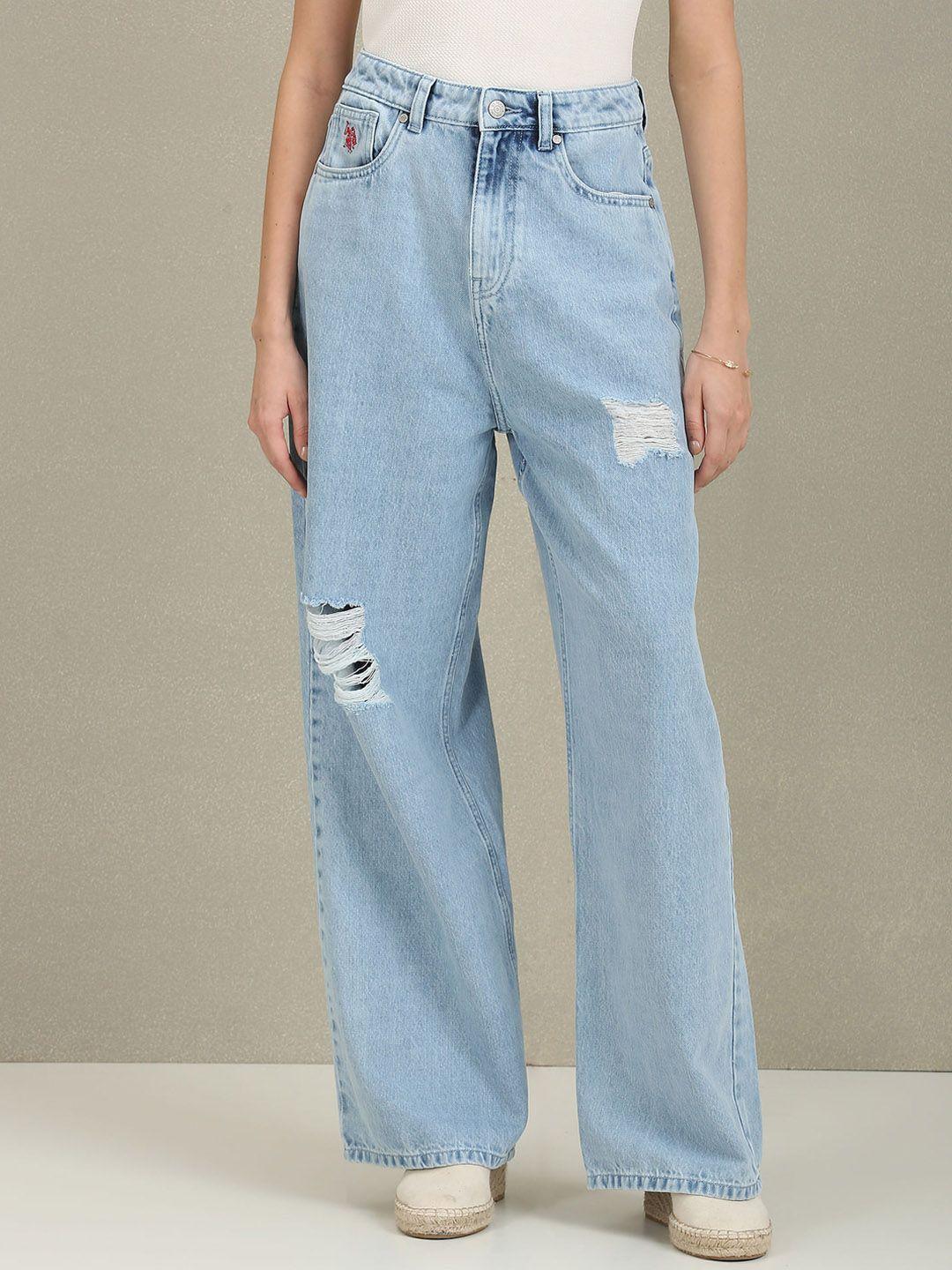 u.s. polo assn. women wide leg high-rise mildly distressed cotton jeans